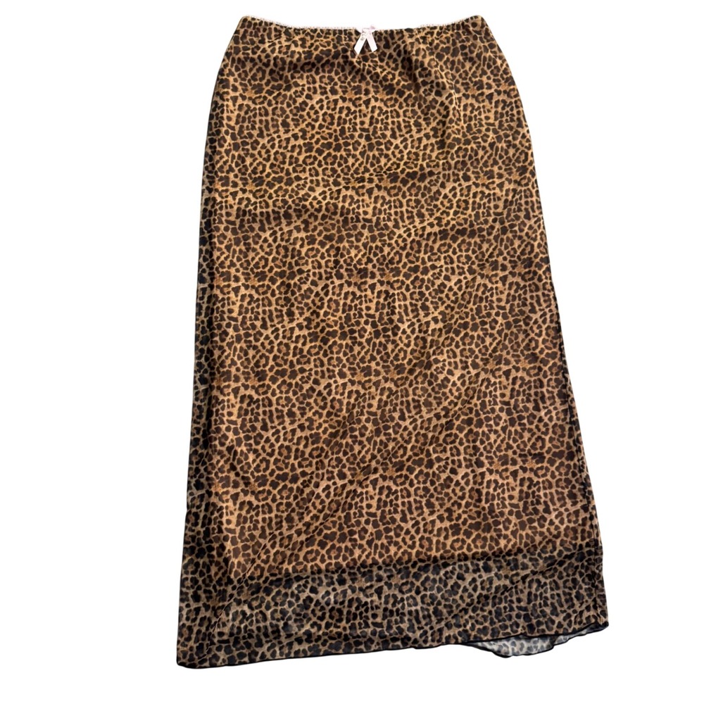 EMRLD Women's Tan Leopard Midi Skirt Sz M/L Y2k Animal Print Pearl Pink Bow